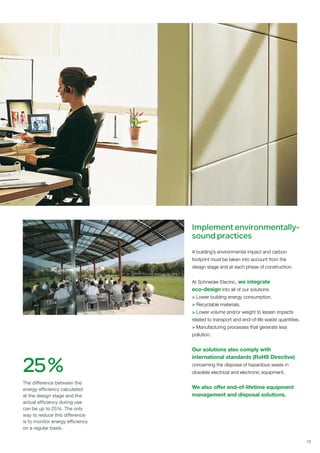 Implement environmentally-
                                  sound practices
                                  A building’s environmental impact and carbon
                                  footprint must be taken into account from the
                                  design stage and at each phase of construction.


                                  At Schneider Electric, we integrate
                                  eco-design into all of our solutions:
                                  > Lower building energy consumption.
                                  > Recyclable materials.
                                  > Lower volume and/or weight to lessen impacts
                                  related to transport and end-of-life waste quantities.
                                  > Manufacturing processes that generate less
                                  pollution.


                                  Our solutions also comply with


25  %
                                  international standards (RoHS Directive)
                                  concerning the disposal of hazardous waste in
                                  obsolete electrical and electronic equipment.

The difference between the
energy efficiency calculated      We also offer end-of-lifetime equipment
at the design stage and the       management and disposal solutions.
actual efficiency during use
can be up to 25%. The only
way to reduce this difference
is to monitor energy efficiency
on a regular basis.

                                                                                           13
 