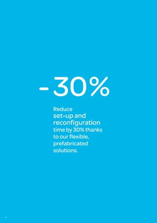 - 30 %
      Reduce
      set-up and
      reconfiguration
      time by 30% thanks
      to our flexible,
      prefabricated
      solutions.




14
 