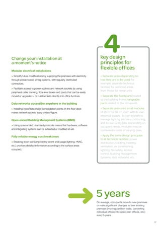 Change your installation at                                                     key design
a moment’s notice                                                               principles for
Modular electrical installations
                                                                                flexible offices
> Simplify future modifications by supplying the premises with electricity      > Separate areas depending on
through prefabricated wiring systems, with regularly distributed                how they are to be used: for
connectors.                                                                     example, separate technical
                                                                                facilities for common areas
> Facilitate access to power sockets and network sockets by using
                                                                                from those for rental units
peripheral cable trunking, floor-level boxes and posts that can be easily
moved or upgraded – or build sockets directly into office furniture.            > Separate the fixed parts related
                                                                                to the building from changeable
Data networks accessible anywhere in the building                               parts related to the occupants
> Installing voice/data/image consolidation points on the floor deck            > Separate areas into small modules
makes network sockets easy to reconfigure.                                      of 25 m2 to 50 m2, each with its own
                                                                                electrical supply, its own system to
Open-ended Building Managment Systems (BMS)                                     manage lighting and air-conditioning,
                                                                                and its own utility bills. Depending on
> Using open-ended, standard protocols means that hardware, software
                                                                                occupant needs, modules may be
and integrating systems can be extended or modified at will.
                                                                                combined in units of varying sizes.

Fully reliable energy cost breakdown                                            > Apply the same design principles
                                                                                to all technical facilities: power
> Breaking down consumption by tenant and usage (lighting, HVAC,                distribution, tracking, heating,
etc.) provides detailed information according to the surface areas              ventilation, air conditioning,
occupied.                                                                       lighting, fire safety, access
                                                                                control, Building Management
                                                                                Systems, data networks, etc.




                                                                             5 years
                                                                             On average, occupants move to new premises
                                                                             or make significant changes to their existing
                                                                             premises (moving partition walls, converting
                                                                             individual offices into open-plan offices, etc.)
                                                                             every 5 years

                                                                                                                                17
 