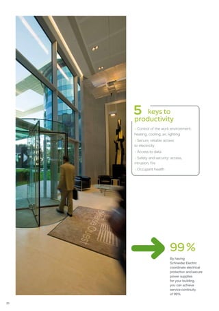 keys to
     productivity
     > Control of the work environment:
     heating, cooling, air, lighting
     > Secure, reliable access
     to electricity
     > Access to data
     > Safety and security: access,
     intrusion, fire
     > Occupant health




                           99 %
                           By having
                           Schneider Electric
                           coordinate electrical
                           protection and secure
                           power supplies
                           for your building,
                           you can achieve
                           service continuity
                           of 99%

20
 