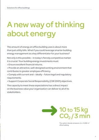 Solutions for office buildings




A new way of thinking
about energy
The amount of energy an office building uses is about more
than just utility bills. What if you could leverage smarter building
energy management as a key differentiator for your business?
Not only is this possible – in today’s fiercely competitive market
it is crucial. Your building energy investments must:
> Ensure excellent financial returns.
> Provide an attractive, well-designed working environment that
contributes to greater employee efficiency.
> Comply with current and – ideally – future legal and regulatory
requirements.
> Support Corporate Social Responsibility (CSR 2001) objectives.
The capacity to meet these expectations has a direct impact
on the business value your organization can deliver to all of its
stakeholders.




                                                       10 to 15 kg
                                                       CO2 / 3 min
                                                       The carbon dioxide emissions of a 10,000 m2
                                                       office building




                                                                                                     5
 