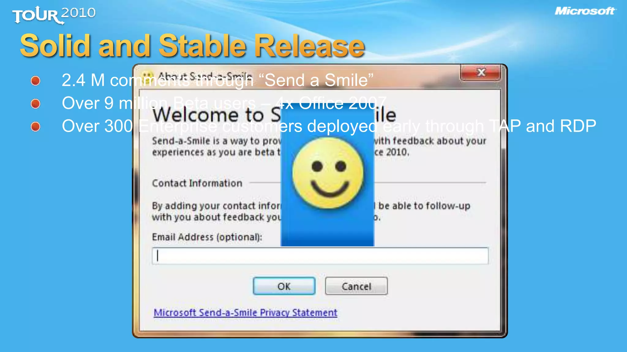 2.4 M comments through “Send a Smile”
Over 9 million Beta users – 4x Office 2007
Over 300 Enterprise customers deployed early through TAP and RDP
 