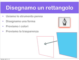 Disegnamo un rettangolo
    • Usiamo lo strumento penna
    • Disegnamo una forma
    • Proviamo i colori
    • Proviamo la trasparenza




Saturday, April 14, 12
 