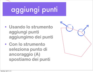 aggiungi punti

        • Usando lo strumento
          aggiungi punti
          aggiungimo dei punti
        • Con lo strumento
          seleziona punto di
          ancoraggio (A)
          spostiamo dei punti

Saturday, April 14, 12
 