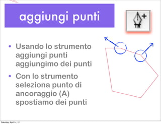 aggiungi punti

        • Usando lo strumento
          aggiungi punti
          aggiungimo dei punti
        • Con lo strumento
          seleziona punto di
          ancoraggio (A)
          spostiamo dei punti

Saturday, April 14, 12
 