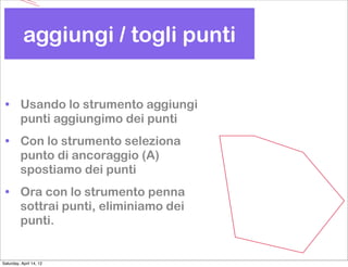 aggiungi / togli punti


 • Usando lo strumento aggiungi
   punti aggiungimo dei punti
 • Con lo strumento seleziona
   punto di ancoraggio (A)
   spostiamo dei punti
 • Ora con lo strumento penna
   sottrai punti, eliminiamo dei
   punti.


Saturday, April 14, 12
 