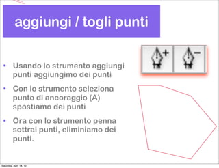 aggiungi / togli punti


 • Usando lo strumento aggiungi
   punti aggiungimo dei punti
 • Con lo strumento seleziona
   punto di ancoraggio (A)
   spostiamo dei punti
 • Ora con lo strumento penna
   sottrai punti, eliminiamo dei
   punti.


Saturday, April 14, 12
 