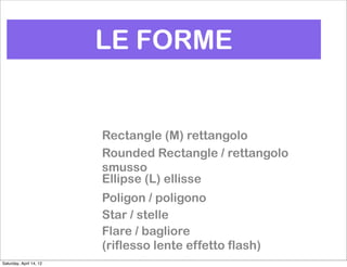 LE FORME


                         Rectangle (M) rettangolo
                         Rounded Rectangle / rettangolo
                         smusso
                         Ellipse (L) ellisse
                         Poligon / poligono
                         Star / stelle
                         Flare / bagliore
                         (riflesso lente effetto flash)
Saturday, April 14, 12
 