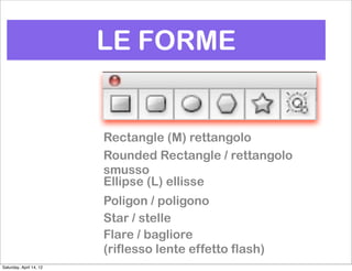 LE FORME


                         Rectangle (M) rettangolo
                         Rounded Rectangle / rettangolo
                         smusso
                         Ellipse (L) ellisse
                         Poligon / poligono
                         Star / stelle
                         Flare / bagliore
                         (riflesso lente effetto flash)
Saturday, April 14, 12
 