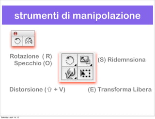 strumenti di manipolazione



          Rotazione ( R)
                                   (S) Ridemnsiona
           Specchio (O)



          Distorsione (⇧ + V)   (E) Transforma Libera



Saturday, April 14, 12
 