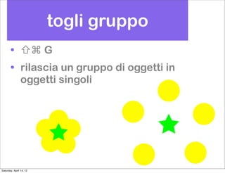 togli gruppo
       • ⇧⌘ G
       • rilascia un gruppo di oggetti in
         oggetti singoli




Saturday, April 14, 12
 