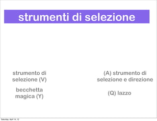 strumenti di selezione



             strumento di            (A) strumento di
             selezione (V)         selezione e direzione
                 becchetta
                                       (Q) lazzo
                 magica (Y)


Saturday, April 14, 12
 