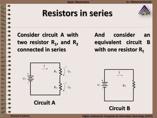 Resistors in series
Consider circuit A with
two resistor R1, and R2
connected in series
And consider an
equivalent circuit B
with one resistor RT
Circuit A
Circuit B
 