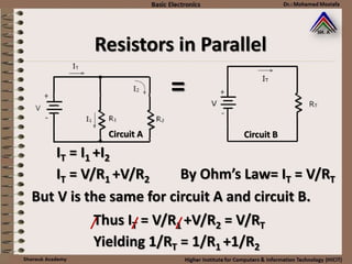 Resistors in Parallel
=
But V is the same for circuit A and circuit B.
Circuit BCircuit A
By Ohm’s Law= IT = V/RT
IT = I1 +I2
IT = V/R1 +V/R2
Thus IT = V/R1 +V/R2 = V/RT
Yielding 1/RT = 1/R1 +1/R2
 