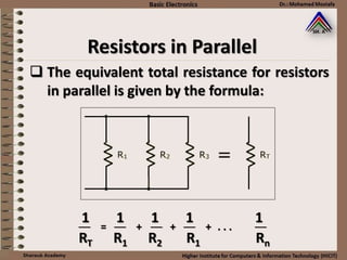 Resistors in Parallel
 The equivalent total resistance for resistors
in parallel is given by the formula:
1 1 1 1 1
RT R1 R2 R1 Rn
── = ── + ── + ── + . . . ──
 