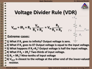 1) What if R1 goes to infinity? Output voltage is zero.
2) What if R1 goes to 0? Output voltage is equal to the input voltage.
3) What happens if R1=R2? Output voltage is half the input voltage.
4) What if R2 = 2R1? Two-thirds of input voltage.
5) R2 = 9R1? Nine-tenths of input voltage
6) VOUT is closest to the voltage at the other end of the lower-valued
resistor.
Extreme cases:
Vout = IR2 = R2 = Vin
R1 + R2
Vin
R1 + R2
R2
Voltage Divider Rule (VDR)
 