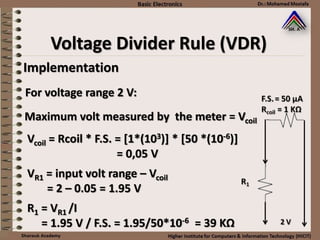 Implementation
For voltage range 2 V:
Maximum volt measured by the meter = Vcoil
Vcoil = Rcoil * F.S. = [1*(103)] * [50 *(10-6)]
= 0,05 V
VR1 = input volt range – Vcoil
= 2 – 0.05 = 1.95 V
R1 = VR1 /I
= 1.95 V / F.S. = 1.95/50*10-6 = 39 KΩ
Voltage Divider Rule (VDR)
 