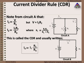 Current Divider Rule (CDR)
Note from circuit A that:
VI2
R2
but V = ITRT
ITRTI2
R2
R1R2
RT
R1 + R2
where
This is called the CDR and usually written:
Circuit A
Circuit B
 
