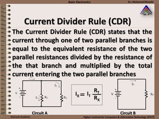 The Current Divider Rule (CDR) states that the
current through one of two parallel branches is
equal to the equivalent resistance of the two
parallel resistances divided by the resistance of
the that branch and multiplied by the total
current entering the two parallel branches
Current Divider Rule (CDR)
Circuit A Circuit B
 
