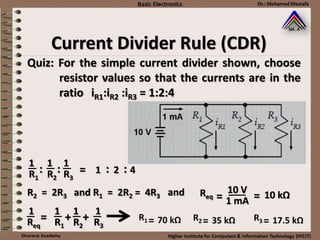 Quiz: For the simple current divider shown, choose
resistor values so that the currents are in the
ratio iR1:iR2 :iR3 = 1:2:4
1
R2
1
R1
1
R3
: : 21 4: :=
1
R2
1
R1
1
R3
1
Req
+ +=
R2 = 2R3 and R1 = 2R2 = 4R3 and Req
10 V
1 mA= = 10 kΩ
Current Divider Rule (CDR)
 