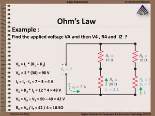 Ohm’s Law
Example :
Find the applied voltage VA and then V4 , R4 and I2 ?
VA = I1 * (R1 + R2)
I2 = IT - I1 = 7 – 3 = 4 A
V4 = VA – V3 = 90 – 48 = 42 V
V3 = R3 * I2 = 12 * 4 = 48 V
R4 = V4 / I2 = 42 / 4 = 10.5Ω
VA = 3 * (30) = 90 V
 