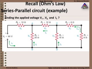 Recall (Ohm’s Law)
Series-Parallel circuit (example)
Finding the applied voltage VT , V6 and IT ?
 