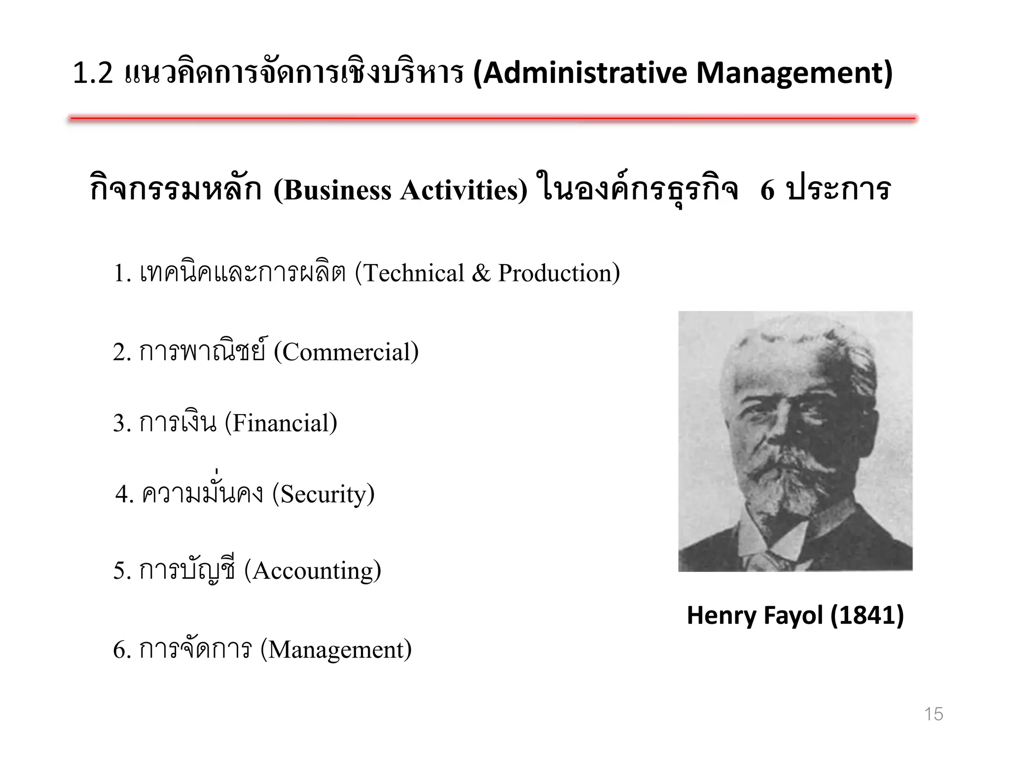 1.2 แนวคิดการจัดการเชิ งบริหาร (Administrative Management)


 กิจกรรมหลัก (Business Activities) ในองค์ กรธุรกิจ 6 ประการ
  1. เทคนิคและการผลิต (Technical & Production)

  2. การพาณิชย์ (Commercial)
  3. การเงิน (Financial)
   4. ความมันคง (Security)
            ่
  5. การบัญชี (Accounting)
                                                 Henry Fayol (1841)
  6. การจัดการ (Management)
                                                                      15
 