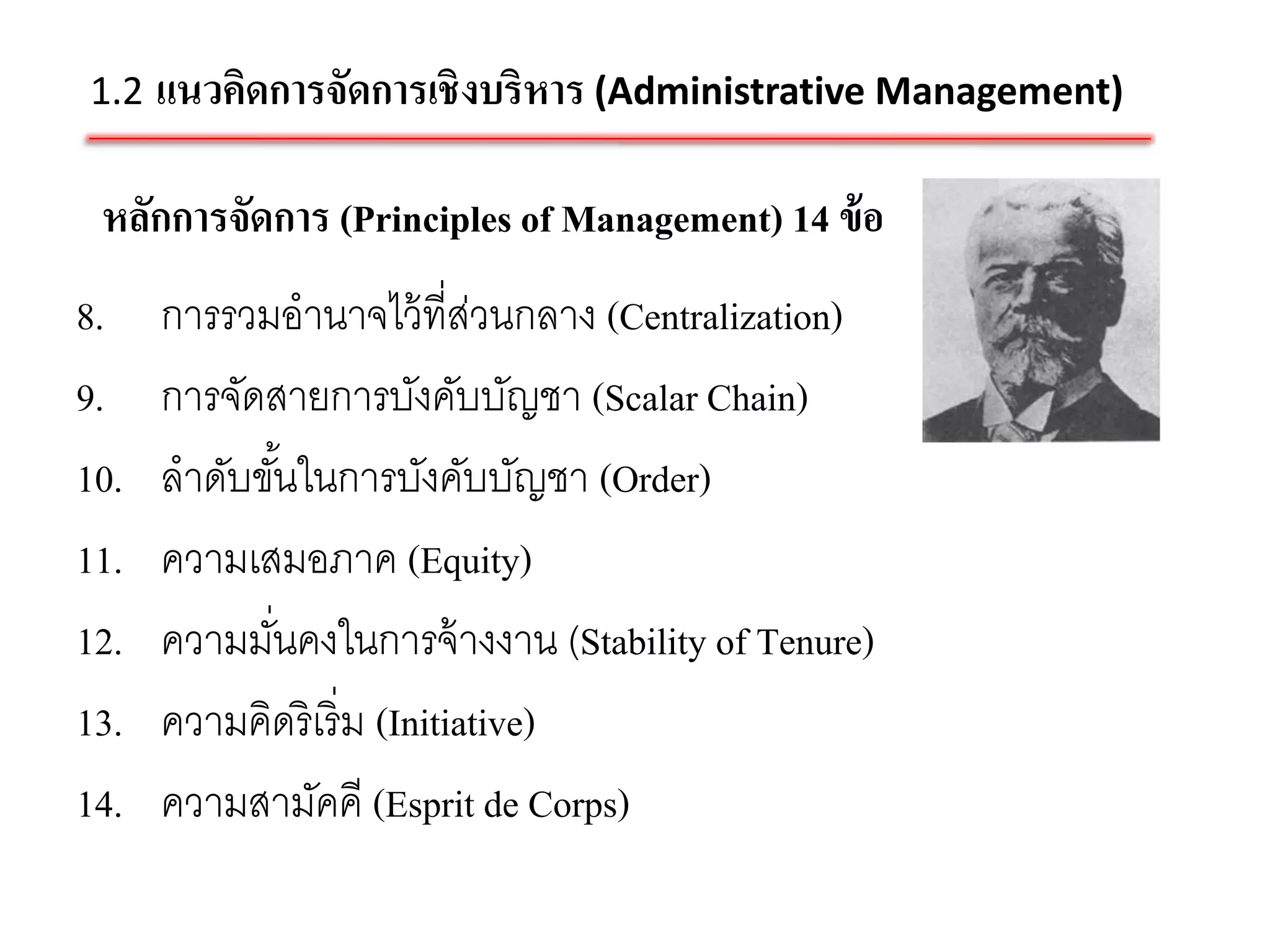 1.2 แนวคิดการจัดการเชิ งบริหาร (Administrative Management)


 หลักการจัดการ (Principles of Management) 14 ข้ อ
8.    การรวมอานาจไว้ ที่สวนกลาง (Centralization)
                            ่
9.    การจัดสายการบังคับบัญชา (Scalar Chain)
10.   ลาดับขันในการบังคับบัญชา (Order)
               ้
11.   ความเสมอภาค (Equity)
12.   ความมันคงในการจ้ างงาน (Stability of Tenure)
             ่
13.   ความคิดริเริ่ม (Initiative)
14.   ความสามัคคี (Esprit de Corps)
 
