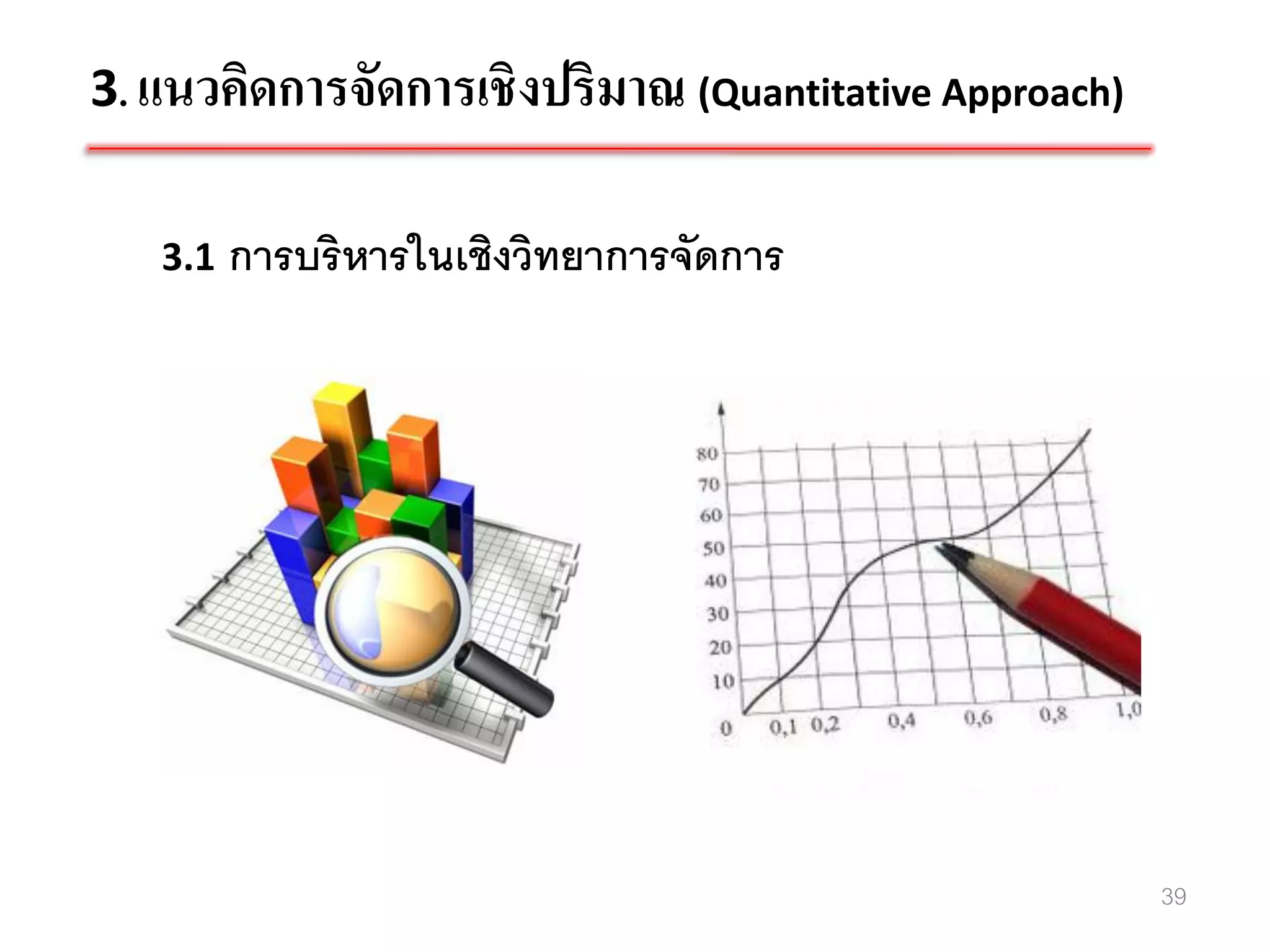 3. แนวคิดการจัดการเชิงปริมาณ (Quantitative Approach)

   3.1   การบริหารในเชิงวิทยาการจัดการ




                                                       39
 
