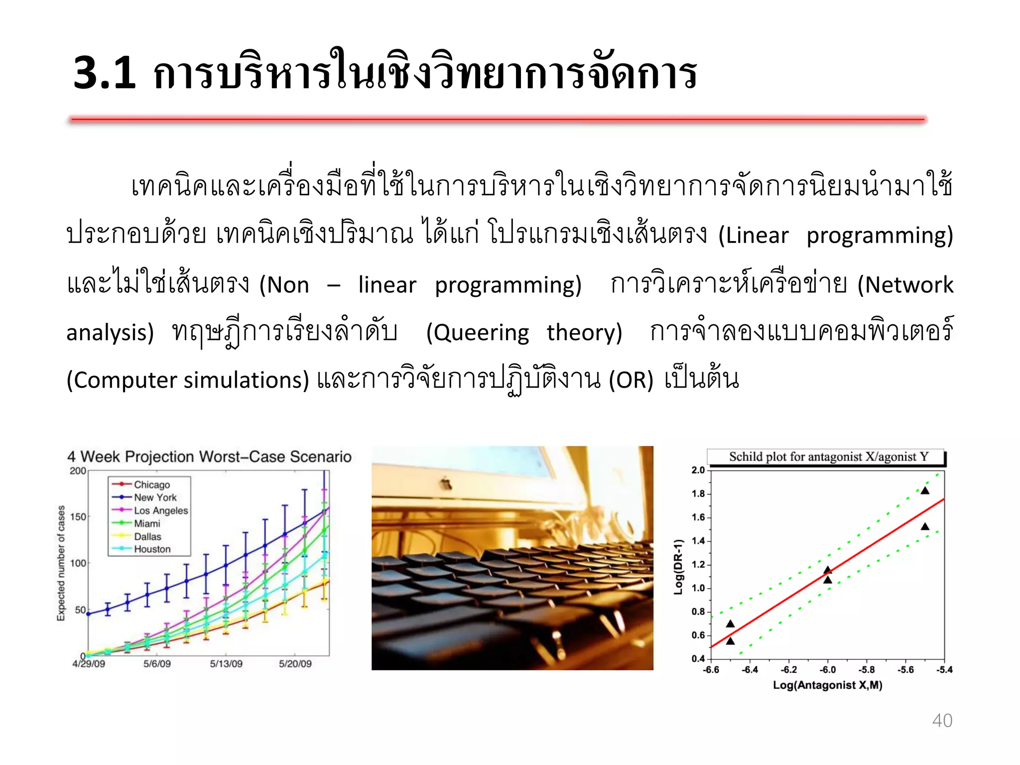 3.1 การบริหารในเชิงวิทยาการจัดการ

      เทคนิคและเครื่ องมือที่ใช้ ในการบริ หารในเชิงวิทยาการจัดการนิยมนามาใช้
ประกอบด้ วย เทคนิคเชิงปริ มาณ ได้ แก่ โปรแกรมเชิงเส้ นตรง (Linear programming)
และไม่ใช่เส้ นตรง (Non – linear programming) การวิเคราะห์เครื อข่าย (Network
analysis) ทฤษฎีการเรี ยงลาดับ (Queering theory) การจาลองแบบคอมพิวเตอร์
(Computer simulations) และการวิจยการปฏิบติงาน (OR) เป็ นต้ น
                                   ั        ั




                                                                            40
 