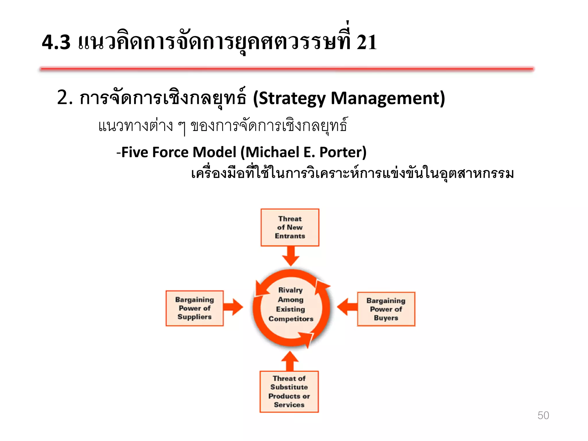 4.3 แนวคิดการจัดการยุคศตวรรษที่ 21

 2. การจัดการเชิงกลยุทธ์ (Strategy Management)
      แนวทางต่าง ๆ ของการจัดการเชิงกลยุทธ์
       -Five Force Model (Michael E. Porter)
                  เครื่ องมือที่ใช้ ในการวิเคราะห์ การแข่ งขันในอุตสาหกรรม




                                                                             50
 