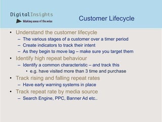 Customer Lifecycle Understand the customer lifecycle  The various stages of a customer over a timer period Create indicators to track their intent As they begin to move lag – make sure you target them Identify high repeat behaviour  Identify a common characteristic – and track this  e.g. have visited more than 3 time and purchase Track rising and falling repeat rates Have early warning systems in place Track repeat rate by media source  Search Engine, PPC, Banner Ad etc.. 