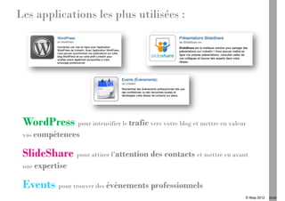 Les applications les plus utilisées :




 WordPress pour intensifier le trafic vers votre blog et mettre en valeur
 vos compétences

 SlideShare pour attirer l’attention des contacts et mettre en avant
 une expertise

 Events pour trouver des évènements professionnels
                                                                        © Ifesp 2012   22/26
 