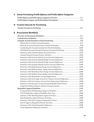 C   Oracle Purchasing Profile Options and Profile Option Categories
    Profile Options and Profile Option Categories Overview...................................................... C-1
    Profile Option Category and Profile Options Descriptions.................................................... C-5


D   Function Security for Purchasing
    Function Security for Purchasing............................................................................................. D-1


E   Procurement Workflows
    Overview of Procurement Workflows......................................................................................E-1
    Customization Guidelines........................................................................................................ E-2
    Using the Account Generator in Oracle Purchasing................................................................ E-6
         Decide How to Use the Account Generator......................................................................... E-7
         What the Account Generator Does in Oracle Purchasing ................................................... E-9
         Customizing the Account Generator for Oracle Purchasing............................................. E-24
         The Default Account Generator Processes for Oracle Purchasing..................................... E-30
         Summary of the Generate Default Accounts Process........................................................ E-37
         Generate Default Accounts Process Activities................................................................... E-39
         Summary of the Generate Default Accrual Account Subprocess.......................................E-43
         Summary of the Generate Default Budget Account Subprocess........................................E-43
         Summary of the Generate Default Charge Account Subprocess....................................... E-44
         Summary of the Generate Default Variance Account Subprocess..................................... E-44
         Summary of the Build Expense Charge Account Subprocess............................................ E-45
         Summary of the Build Inventory Charge Account Subprocess......................................... E-45
         Summary of the Build Shop Floor Charge Account Subprocess........................................E-46
         Summary of the Build Inventory Budget Account Subprocess......................................... E-46
         Summary of the Build Project Account Subprocesses....................................................... E-47
         Summary of the Get Charge Account for Variance Account Subprocess.......................... E-48
         Summary of the Get Variance Account from Organization Subprocess............................ E-48
         Summary of the Generate Accounts Using FlexBuilder Rules Process..............................E-49
         Using the Workflow Monitor with the Account Generator............................................... E-49
    Requisition Approval Workflow............................................................................................ E-50
         Customizing the PO Requisition Approval Workflow...................................................... E-51
         The PO Requisition Approval Workflow Item Type......................................................... E-56
         Summary of the Main Requisition Approval Process........................................................E-62
         Main Requisition Approval Process Activities.................................................................. E-63
         Summary of the Start of Approve Requisition Process......................................................E-67
         Start of Approve Requisition Process Activities................................................................ E-68
         Summary of the Verify Requisition Subprocess................................................................ E-69
         Verify Requisition Subprocess Activities........................................................................... E-70




                                                                                                                                          xiii
 
