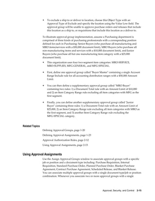 •   To exclude a ship to or deliver to location, choose this Object Type with an
                     Approval Type of Exclude and specify the location using the Value Low field. The
                     approval group will be unable to approve purchase orders and releases that include
                     this location as a ship to, or requisitions that include this location as a deliver to.

                 To illustrate approval group implementation, assume a Purchasing department is
                 comprised of three kinds of purchasing professionals with a corresponding position
                 defined for each in Purchasing: Senior Buyers (who purchase all manufacturing and
                 MRO items/services with a $50,000 document limit), MRO Buyers (who purchase all
                 non-manufacturing items and services with a $10,000 document limit), and Junior
                 Buyers (who purchase all but one manufacturing item category with a $25,000
                 document limit).
                 •   This organization uses four two-segment item categories: MRO-SERVICE,
                     MRO-SUPPLIES, MFG-GENERAL, and MFG-SPECIAL.

                 •   First, define one approval group called "Buyer Master" containing a single Account
                     Range Include rule for all accounting distribution ranges with a $50,000 Amount
                     Limit.

                 •   You can then define a supplementary approval group called "MRO Buyer"
                     containing two rules: 1) a Document Total rule with an Amount Limit of $10,000
                     and 2) an Item Category Range rule excluding all item categories with MFG as the
                     first segment.

                 •   Finally, you can define another supplementary approval group called "Junior
                     Buyer" containing three rules: 1) a Document Total rule with an Amount Limit of
                     $25,000, 2) an Item Category Range rule excluding all item categories with MRO as
                     the first segment, and 3) another Item Category Range rule excluding the
                     MFG-SPECIAL category.


Related Topics
                 Defining Approval Groups, page 1-20
                 Defining Approval Assignments, page 1-23
                 Approval Authorization Rules, page 2-12
                 Using Approval Assignments, page 2-15


Using Approval Assignments
                 Use the Assign Approval Groups window to associate approval groups with a specific
                 job or position and a document type including: Purchase Requisition, Internal
                 Requisition, Standard Purchase Order, Planned Purchase Order, Blanket Purchase
                 Agreement, Contract Purchase Agreement, Scheduled Release, and Blanket Release.
                 You can associate multiple approval groups with a single document type/job or position
                 combination. Whenever you associate two or more approval groups with a single




                                                                        Approval, Security, and Control    2-15
 