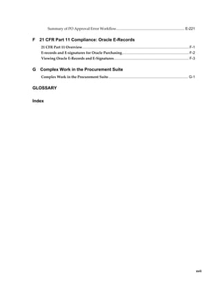 Summary of PO Approval Error Workflow.................................................................... E-221


F   21 CFR Part 11 Compliance: Oracle E-Records
    21 CFR Part 11 Overview........................................................................................................... F-1
    E-records and E-signatures for Oracle Purchasing................................................................... F-2
    Viewing Oracle E-Records and E-Signatures........................................................................... F-3


G   Complex Work in the Procurement Suite
    Complex Work in the Procurement Suite................................................................................ G-1


GLOSSARY

Index




                                                                                                                                           xvii
 