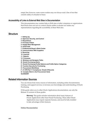 empty line; however, some screen readers may not always read a line of text that
              consists solely of a bracket or brace.


Accessibility of Links to External Web Sites in Documentation
              This documentation may contain links to Web sites of other companies or organizations
              that Oracle does not own or control. Oracle neither evaluates nor makes any
              representations regarding the accessibility of these Web sites.



Structure
              1  Setting Up
              2  Approval, Security, and Control
              3  Requisitions
              4  Purchase Orders
              5  Supply Base Management
              6  AutoCreate
              7  Professional Buyer's Work Center
              8  Communication With Suppliers
              9  Receiving
              10  Inquiries
              11  Reports
              12  Processes
              A  Windows and Navigator Paths
              B  Oracle Purchasing Alerts
              C  Oracle Purchasing Profile Options and Profile Option Categories
              D  Function Security for Purchasing
              E  Procurement Workflows
              F  21 CFR Part 11 Compliance: Oracle E-Records
              G  Complex Work in the Procurement Suite
              GLOSSARY



Related Information Sources
              You can choose from many sources of information, including online documentation,
              training, and support services, to increase your knowledge and understanding of Oracle
              Purchasing.
              If this guide refers you to other Oracle Applications documentation, use only the
              Release 12 versions of those guides.

                      Warning: This guide includes information about many features of
                      Oracle Applications other than Oracle Purchasing. These other Oracle
                      Applications may require separate licenses, and must be fully installed
                      to take advantage of their features.


              Online Documentation




xxii
 