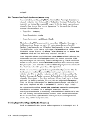 updated.


MRP Generated Inter-Organization Request (Manufacturing)
                  You use Oracle Master Scheduling/MRP and Supply Chain Planning in Sacramento to
                  schedule production of the final assembly of the Sentinel Computer. The Sentinel Base
                  Assembly and Sentinel Cover Assembly are provided by the Austin organization, so
                  you define these items as "buy" items in Sacramento. You also specify the following
                  sourcing information for the item:
                  •    Source Type - Inventory

                  •    Source Organization - Austin

                  •    Source Subinventory - AUS-Finished Goods

                  Master Scheduling/MRP recommends that you produce 400 Sentinel Computers to
                  fulfill demand over the next four weeks (100 each week), and you only have 100
                  Sentinel Cover Assemblies and 100 Sentinel Base Assemblies on hand in Sacramento.
                  You need five days to ship material from Austin to Sacramento, so the planner
                  implements planned orders for 100 Sentinel Cover Assemblies and 100 Sentinel Base
                  Assemblies for the next three weeks using the Planner Workbench.
                  When the planner releases the planned orders for Sacramento, Master Scheduling/MRP
                  automatically loads the Requisitions Open Interface and submits Requisition Import.
                  Requisition Import uses the sourcing information that you set up to create a requisition
                  line for each week sourced from the Austin AUS-Finished Goods subinventory. In the
                  background, the Create Internal Sales Orders and OrderImport processes automatically
                  load the internal sales order against the Austin organization.
                  What if you have a three day production delay in Austin and you need to delay the
                  third shipment of Sentinel Base Assemblies for a few days? Sacramento needs
                  visibility to the delay to adjust the production schedules of the final assembly of the
                  Sentinel Computers. In Austin, you can use the Sales Orders window to update the
                  scheduled shipment date by three days, or choose a different freight carrier for faster
                  delivery if you need to expedite the shipment to prevent a shortage in Sacramento.
                  When you ship the third shipment from Austin, you can update the expected arrival
                  date, giving the planner and MRP in Sacramento full visibility of supply changes.
                  Each ship confirmation of the Sentinel Base Assemblies creates an intransit shipment
                  from Austin to Sacramento. You do not require inspection of your own
                  inter-organization transfers, so the receiving clerk in Sacramento receives directly into
                  the Final Assembly subinventory when the shipment arrives. The intransit inventory
                  balance is automatically updated and the inter-organization accounting entries are
                  created along with the receipt transaction.


Inventory Replenishment Request (Office Stock Locations)
                  In the Sacramento sales office, you use internal requisitions to replenish your stock of




3-34    Oracle Purchasing User's Guide
 