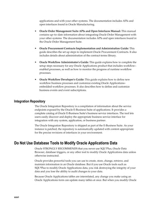 applications and with your other systems. The documentation includes APIs and
                  open interfaces found in Oracle Manufacturing.

              •   Oracle Order Management Suite APIs and Open Interfaces Manual: This manual
                  contains up–to–date information about integrating Oracle Order Management with
                  your other systems. The documentation includes APIs and open interfaces found in
                  the Oracle Order Management Suite.

              •   Oracle Procurement Contracts Implementation and Administration Guide: This
                  guide describes the set up steps to implement Oracle Procurement Contracts. It also
                  includes details about administration of the contract terms library.

              •   Oracle Workflow Administrator's Guide: This guide explains how to complete the
                  setup steps necessary for any Oracle Applications product that includes workflow–
                  enabled processes, as well as how to monitor the progress of runtime workflow
                  processes.

              •   Oracle Workflow Developer's Guide: This guide explains how to define new
                  workflow business processes and customize existing Oracle Applications–
                  embedded workflow processes. It also describes how to define and customize
                  business events and event subscriptions.



Integration Repository
              The Oracle Integration Repository is a compilation of information about the service
              endpoints exposed by the Oracle E-Business Suite of applications. It provides a
              complete catalog of Oracle E-Business Suite's business service interfaces. The tool lets
              users easily discover and deploy the appropriate business service interface for
              integration with any system, application, or business partner.
              The Oracle Integration Repository is shipped as part of the E-Business Suite. As your
              instance is patched, the repository is automatically updated with content appropriate
              for the precise revisions of interfaces in your environment.



Do Not Use Database Tools to Modify Oracle Applications Data
              Oracle STRONGLY RECOMMENDS that you never use SQL*Plus, Oracle Data
              Browser, database triggers, or any other tool to modify Oracle Applications data unless
              otherwise instructed.
              Oracle provides powerful tools you can use to create, store, change, retrieve, and
              maintain information in an Oracle database. But if you use Oracle tools such as
              SQL*Plus to modify Oracle Applications data, you risk destroying the integrity of your
              data and you lose the ability to audit changes to your data.
              Because Oracle Applications tables are interrelated, any change you make using an
              Oracle Applications form can update many tables at once. But when you modify Oracle




xxvi
 