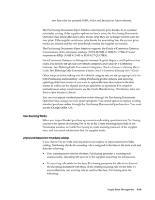 new line with the updated UOM, which will be used on future releases.


                   The Purchasing Documents Open Interface also imports price breaks. In an updated
                   price/sales catalog, if the supplier updates an item's price, the Purchasing Documents
                   Open Interface deletes the item's price breaks since they are no longer current with the
                   new price. If the supplier sends new price breaks for an existing line, the current price
                   breaks are deleted and the new price breaks sent by the supplier are created.
                   The Purchasing Documents Open Interface supports the Oracle e-Commerce Gateway
                   transmissions of the price/sales catalogs (ANSI X12 832 or EDIFACT PRICAT) and
                   responses to RFQs (ANSI X12 843 or EDIFACT QUOTES).
                   For e-Commerce Gateway to distinguish between Original, Replace, and Update action
                   codes, you need to set up code-conversion categories and values in e-Commerce
                   Gateway. See: Defining Code Conversion Categories, Oracle e-Commerce Gateway User's
                   Guide. See: Defining Code Conversion Values, Oracle e-Commerce Gateway User's Guide.
                   Other setup includes making sure that default category sets are set up appropriately for
                   both Purchasing and Inventory, setting Purchasing profile options, and allowing
                   updating of the item master if you want to update the item description in the item
                   master as well as on the blanket purchase agreement or quotation. For complete
                   instructions on setup requirements, see the Oracle Manufacturing, Distribution, Sales and
                   Service Open Interfaces Manual.
                   You can also import standard purchase orders through the Purchasing Documents
                   Open Interface, using your own import program. You cannot update or replace existing
                   standard purchase orders through the Purchasing Documents Open Interface. You must
                   use the Change Order API.


How Sourcing Works
                   When you import blanket purchase agreements and catalog quotations into Purchasing,
                   you have the option of choosing Yes or No in the Create Sourcing Rules field in the
                   Parameters window to enable Purchasing to create sourcing rules out of the supplier,
                   item, and document information that the supplier sends.

Original and Replacement Price/Sales Catalogs
                   If you choose Yes to create sourcing rules in an original or replacement price/sales
                   catalog, Purchasing checks if a sourcing rule is assigned to the item at the item level and
                   does the following:
                   •   If no sourcing rules exist for the item, Purchasing generates a sourcing rule
                       automatically, allocating 100 percent to the supplier importing the information.

                   •   If a sourcing rule exists for the item, Purchasing compares the effectivity dates of
                       the incoming document with those of the existing sourcing rule for the item. To
                       ensure that only one sourcing rule is used for the item, Purchasing does the
                       following:




                                                                               Supply Base Management    5-19
 