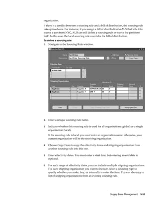 organization.
If there is a conflict between a sourcing rule and a bill of distribution, the sourcing rule
takes precedence. For instance, if you assign a bill of distribution to AUS that tells it to
source a part from NYC, AUS can still define a sourcing rule to source the part from
SAC. In this case, the local sourcing rule overrides the bill of distribution.
To define a sourcing rule:
1.   Navigate to the Sourcing Rule window.




2.   Enter a unique sourcing rule name.

3.   Indicate whether this sourcing rule is used for all organizations (global) or a single
     organization (local).
     If the sourcing rule is local, you must enter an organization name; otherwise, your
     current organization will be the receiving organization.

4.   Choose Copy From to copy the effectivity dates and shipping organization from
     another sourcing rule into this one.

5.   Enter effectivity dates. You must enter a start date, but entering an end date is
     optional.

6.   For each range of effectivity dates, you can include multiple shipping organizations.
     For each shipping organization you want to include, select a sourcing type to
     specify whether you make, buy, or internally transfer the item. You can also copy a
     list of shipping organizations from an existing sourcing rule.




                                                             Supply Base Management    5-31
 