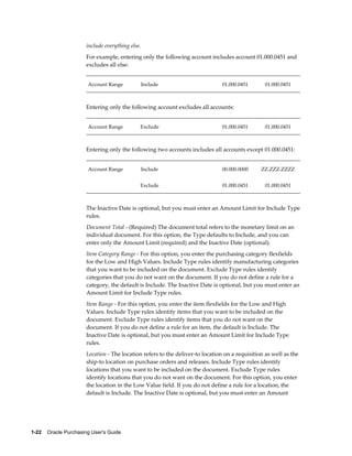include everything else.
                       For example, entering only the following account includes account 01.000.0451 and
                       excludes all else:


                        Account Range             Include                       01.000.0451       01.000.0451



                       Entering only the following account excludes all accounts:


                        Account Range         Exclude                           01.000.0451       01.000.0451



                       Entering only the following two accounts includes all accounts except 01.000.0451:


                        Account Range             Include                       00.000.0000     ZZ.ZZZ.ZZZZ

                                              Exclude                           01.000.0451       01.000.0451



                       The Inactive Date is optional, but you must enter an Amount Limit for Include Type
                       rules.
                       Document Total - (Required) The document total refers to the monetary limit on an
                       individual document. For this option, the Type defaults to Include, and you can
                       enter only the Amount Limit (required) and the Inactive Date (optional).
                       Item Category Range - For this option, you enter the purchasing category flexfields
                       for the Low and High Values. Include Type rules identify manufacturing categories
                       that you want to be included on the document. Exclude Type rules identify
                       categories that you do not want on the document. If you do not define a rule for a
                       category, the default is Include. The Inactive Date is optional, but you must enter an
                       Amount Limit for Include Type rules.
                       Item Range - For this option, you enter the item flexfields for the Low and High
                       Values. Include Type rules identify items that you want to be included on the
                       document. Exclude Type rules identify items that you do not want on the
                       document. If you do not define a rule for an item, the default is Include. The
                       Inactive Date is optional, but you must enter an Amount Limit for Include Type
                       rules.
                       Location - The location refers to the deliver-to location on a requisition as well as the
                       ship-to location on purchase orders and releases. Include Type rules identify
                       locations that you want to be included on the document. Exclude Type rules
                       identify locations that you do not want on the document. For this option, you enter
                       the location in the Low Value field. If you do not define a rule for a location, the
                       default is Include. The Inactive Date is optional, but you must enter an Amount




1-22    Oracle Purchasing User's Guide
 