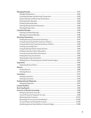 Managing Receipts.................................................................................................................. 9-21
      Multiple Distributions........................................................................................................9-22
      Cascading Receipts and Receiving Transactions................................................................9-23
      Express Receipts and Receiving Transactions.................................................................... 9-23
      Entering Express Receipts.................................................................................................. 9-25
      Finding Expected Receipts................................................................................................. 9-25
      Entering Receipt Header Information................................................................................ 9-29
      Entering Receipt Lines....................................................................................................... 9-30
Unordered Receipts................................................................................................................. 9-34
      Entering Unordered Receipts............................................................................................. 9-36
      Matching Unordered Receipts........................................................................................... 9-36
Receiving Transactions........................................................................................................... 9-39
      Finding Receiving Transactions (Summary)...................................................................... 9-41
      Using the Receiving Headers Summary Window..............................................................9-44
      Using the Receiving Transaction Summary Window........................................................ 9-45
      Viewing Accounting Lines................................................................................................. 9-47
      Using the Receipt Header Details Window....................................................................... 9-50
      Finding Transaction Status Information............................................................................ 9-51
      Viewing Transaction Status Information........................................................................... 9-54
      Finding Receiving Transactions......................................................................................... 9-55
      Entering Receiving Transactions........................................................................................ 9-58
      Drilling Down to Purchasing from Oracle General Ledger............................................... 9-61
Inspections............................................................................................................................... 9-63
      Inspecting Received Items................................................................................................. 9-65
Returns..................................................................................................................................... 9-66
      Finding Returns................................................................................................................. 9-68
      Entering Returns................................................................................................................ 9-71
Corrections............................................................................................................................... 9-73
      Finding Corrections........................................................................................................... 9-74
      Entering Corrections.......................................................................................................... 9-78
Finding Intransit Shipments................................................................................................... 9-80
      Managing Shipments......................................................................................................... 9-81
Control Numbers..................................................................................................................... 9-83
Receiving Reports.................................................................................................................... 9-85
Overview of Receipt Accounting............................................................................................ 9-86
      Setting Up Inventory Accruals........................................................................................... 9-89
      Accrual Process for Perpetual Accruals............................................................................. 9-94
      Monitoring Price Variances..............................................................................................9-101
      Reconciling AP Accrual Accounts Balance...................................................................... 9-102
      Accrual Process for Period-End Accruals........................................................................ 9-104
      Identifying Journal Entry Batches in General Ledger...................................................... 9-108




                                                                                                                                                        ix
 