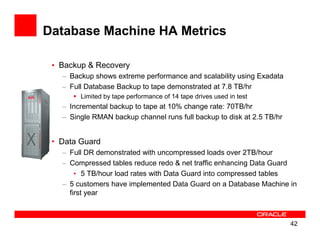 Database Machine HA Metrics

 • Backup & Recovery
   – Backup shows extreme performance and scalability using Exadata
   – Full Database Backup to tape demonstrated at 7.8 TB/hr
        Limited by tape performance of 14 tape drives used in test
   – Incremental backup to tape at 10% change rate: 70TB/hr
   – Single RMAN backup channel runs full backup to disk at 2.5 TB/hr


 • Data Guard
   – Full DR demonstrated with uncompressed loads over 2TB/hour
   – Compressed tables reduce redo & net traffic enhancing Data Guard
       • 5 TB/hour load rates with Data Guard into compressed tables
   – 5 customers have implemented Data Guard on a Database Machine in
     first year



                                                                        42
 