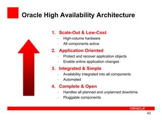 Oracle High Availability Architecture

         1. Scale-Out & Low-Cost
           –   High-volume hardware
           –   All components active
         2. Application Oriented
           –   Protect and recover application objects
           –   Enable online application changes
         3. Integrated & Simple
           –   Availability integrated into all components
           –   Automated
         4. Complete & Open
           –   Handles all planned and unplanned downtime
           –   Pluggable components



                                                             43
 