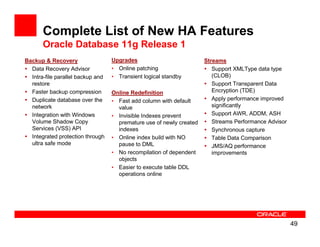 Complete List of New HA Features
       Oracle Database 11g Release 1
Backup & Recovery                  Upgrades                           Streams
  Data Recovery Advisor            • Online patching                     Support XMLType data type
  Intra-file parallel backup and   • Transient logical standby           (CLOB)
  restore                                                                Support Transparent Data
  Faster backup compression        Online Redefinition                   Encryption (TDE)
  Duplicate database over the      • Fast add column with default        Apply performance improved
  network                            value                               significantly
  Integration with Windows         • Invisible Indexes prevent           Support AWR, ADDM, ASH
  Volume Shadow Copy                 premature use of newly created      Streams Performance Advisor
  Services (VSS) API                 indexes                             Synchronous capture
  Integrated protection through    • Online index build with NO          Table Data Comparison
  ultra safe mode                    pause to DML                        JMS/AQ performance
                                   • No recompilation of dependent       improvements
                                     objects
                                   • Easier to execute table DDL
                                     operations online




                                                                                                       49
 