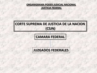 ORGANIGRAMA PODER JUDICIAL NACIONAL
               JUSTICIA FEDERAL




CORTE SUPREMA DE JUSTICIA DE LA NACION
               (CSJN)

            CAMARA FEDERAL


          JUZGADOS FEDERALES
 