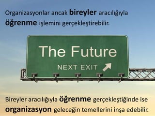 Organizasyonlar ancak bireyler aracılığıyla
öğrenme işlemini gerçekleştirebilir.




Bireyler aracılığıyla öğrenme gerçekleştiğinde ise
organizasyon geleceğin temellerini inşa edebilir.
 