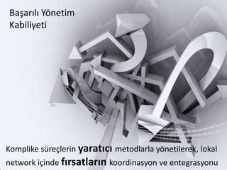 Başarılı Yönetim
Kabiliyeti




Komplike süreçlerin yaratıcı metodlarla yönetilerek, lokal
network içinde fırsatların koordinasyon ve entegrasyonu
 