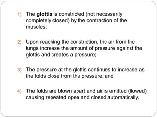 1) The glottis is constricted (not necessarily
completely closed) by the contraction of the
muscles;
2) Upon reaching the constriction, the air from the
lungs increase the amount of pressure against the
glottis and creates a pressure;
3) The pressure at the glottis continues to increase as
the folds close from the pressure; and
4) The folds are blown apart and air is emitted (flowed)
causing repeated open and closed automatically.
 